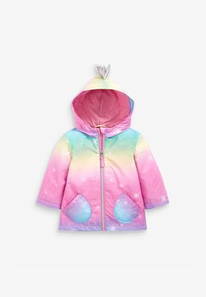 Veste à capuche pour enfant avec fermeture éclair devant, dégradé de couleurs arc-en-ciel, motifs d’étoiles scintillantes, deux poches arrondies et pointes en tissu ludiques sur la capuche.