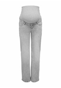 Jeans de maternité gris clair avec une taille élastique, coupe droite, deux poches avant et une texture en denim délavé.