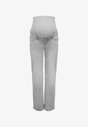 Heledad hallid raseduse teksapüksid, venitatava vöökohtadega, sirge jala disainiga, kahe eesmise taskuga ja pleekinud denimpinnaga.