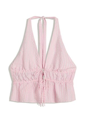 Haut halter à rayures roses et blanches avec élastique froncé à la taille, doté de liens réglables au cou et dans le dos. Tissu léger.