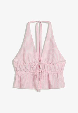 Rózsaszín és fehér csíkos pánt nélküli felső, gumis derékmegoldással, állítható nyakkal és hátrész kötővel. Könnyű anyag.