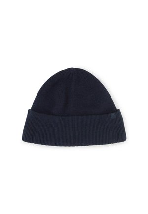 Marineblaue gestrickte Beanie-Mütze mit umgeschlagenem Bund und kleinem Logo-Etikett an der Seite, dargestellt vor weißem Hintergrund.