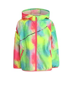 Dziecięca kurtka przeciwdeszczowa z kapturem, z przednim suwakiem, zasuwanymi bocznymi kieszeniami oraz jaskrawym, wielokolorowym wzorem tie-dye w neonowym różu, zieleni i niebieskim.