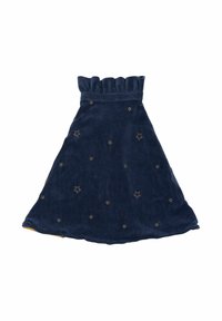 Marineblauw fluwelen kledingstuk met een gerimpelde halslijn, voorzien van goudkleurige geborduurde sterpatronen verspreid over de stof.