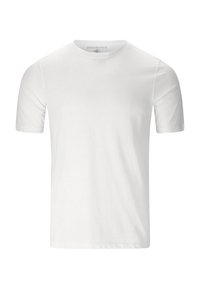 Biała bawełniana koszulka z okrągłym dekoltem i krótkimi rękawami. Gładka tekstura, klasyczny krój i brak widocznych wzorów lub grafik.