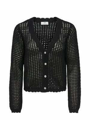 Cardigan en crochet noir avec manches longues, bords festonnés, cinq boutons décoratifs et décolleté en V profond.