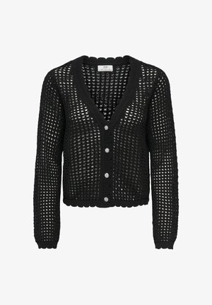 Cardigan en crochet noir avec manches longues, bords festonnés, cinq boutons décoratifs et décolleté en V profond.