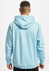 Felpa azzurra chiara con cappuccio regolabile, polsini a coste e orlo dritto. Realizzata in tessuto morbido, mostra una texture liscia senza pattern visibili.