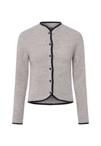Lichtgrijze gebreide cardigan met zwarte knopen, zwarte afwerking langs de halslijn, voorkant, zoom en manchetten, lange mouwen en een ronde zoom.