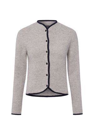 Lichtgrijze gebreide cardigan met zwarte knopen, zwarte afwerking langs de halslijn, voorkant, zoom en manchetten, lange mouwen en een ronde zoom.