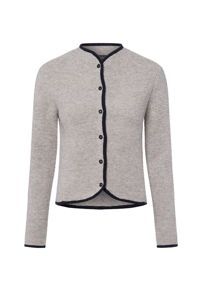 Lichtgrijze gebreide cardigan met zwarte knopen, zwarte afwerking langs de halslijn, voorkant, zoom en manchetten, lange mouwen en een ronde zoom.