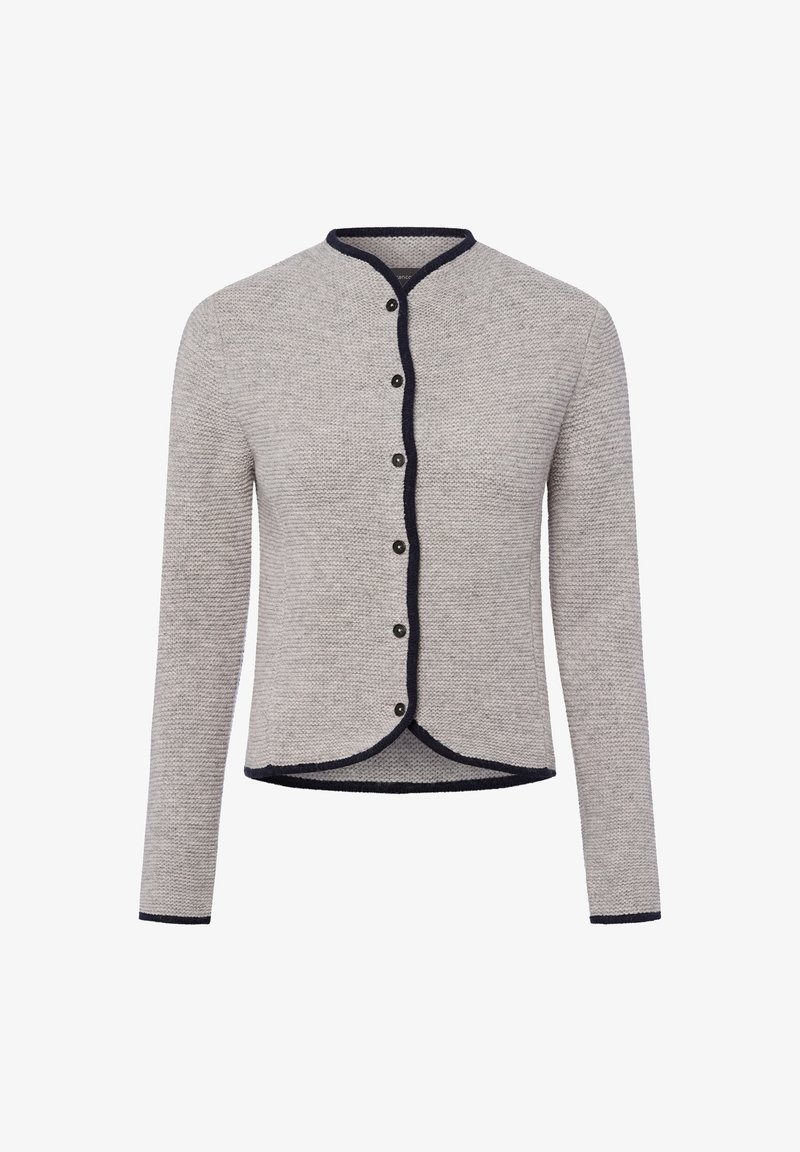 Lichtgrijze gebreide cardigan met zwarte knopen, zwarte afwerking langs de halslijn, voorkant, zoom en manchetten, lange mouwen en een ronde zoom.