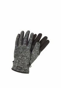 Schwarze und graue Handschuhe mit strukturierter Strickware, Fleece-Futter und verstärkten schwarzen Akzenten an den Fingern und im Handgelenksbereich.
