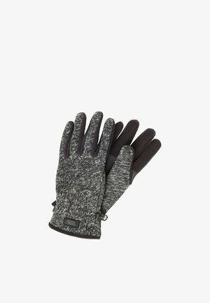 Schwarze und graue Handschuhe mit strukturierter Strickware, Fleece-Futter und verstärkten schwarzen Akzenten an den Fingern und im Handgelenksbereich.
