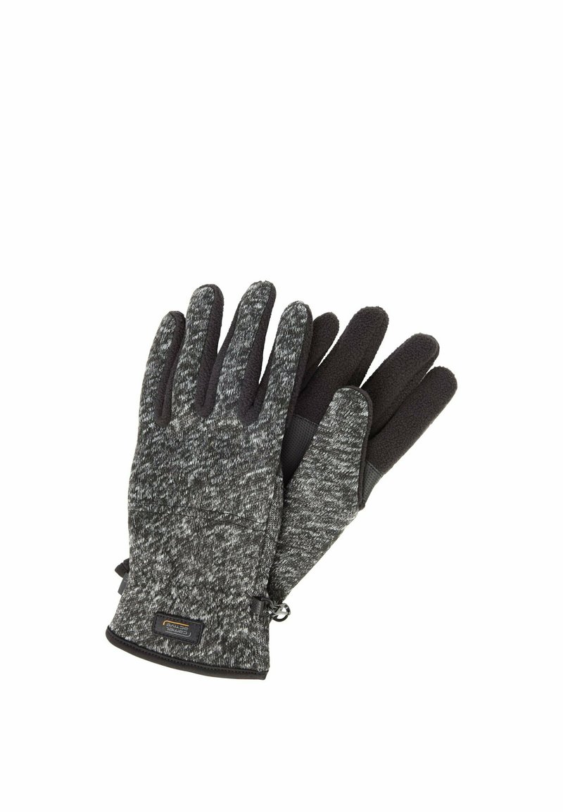 Schwarze und graue Handschuhe mit strukturierter Strickware, Fleece-Futter und verstärkten schwarzen Akzenten an den Fingern und im Handgelenksbereich.