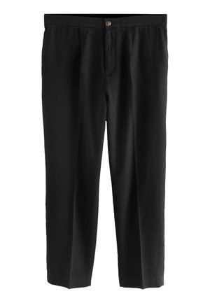 Schwarze gerade geschnittene Hose mit Knopfverschluss und vorderen Falten, aus leichtem Stoff.