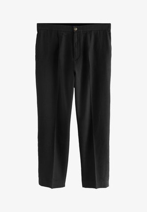 Pantalon noir droit avec fermeture à boutons et plis sur le devant, en tissu léger.