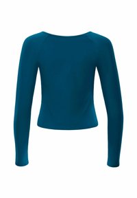 Teal long-sleeve top with a round neck and fitted design. Smooth texture and minimal seams; suitable for layering or casual wear.