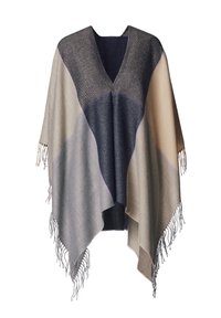 Kardigan w formie poncza z dekoltem w kształcie litery V, o geometrycznym wzorze w granacie, beżu i szarości, z frędzlami na krawędziach dla dodatkowej tekstury.