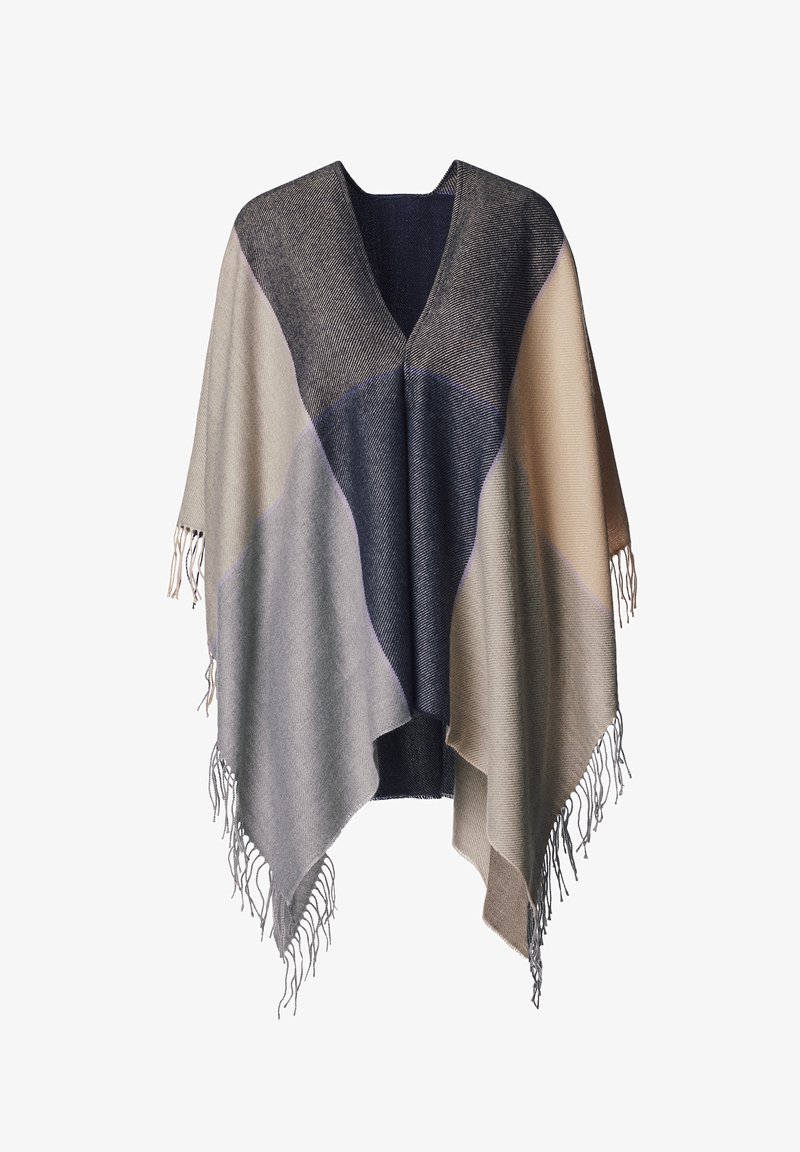 Kardigan w formie poncza z dekoltem w kształcie litery V, o geometrycznym wzorze w granacie, beżu i szarości, z frędzlami na krawędziach dla dodatkowej tekstury.