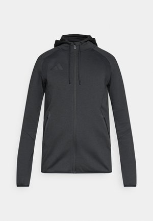 Gray zip-up hoodie made of smooth, stretchy fabric. Features a hood, long sleeves, and side pockets. Includes a subtle logo on the chest.