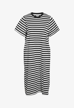 Rochie midi cu mâneci scurte, dungi orizontale alb-negru, decolteu rotund și croială lejeră.