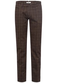 Pantalon homme coupe slim avec motif à carreaux marron et beige, passants de ceinture, bouton à l'avant et poches latérales.