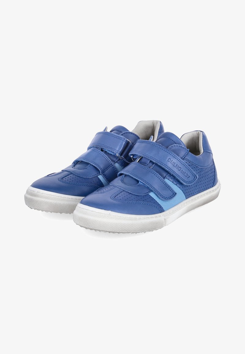 Blaue Leder-Sneaker mit zwei Klettverschlüssen, durchlässigen Seitenpaneelen und weißen Gummisohlen. Das Design weist blaue Akzente auf.