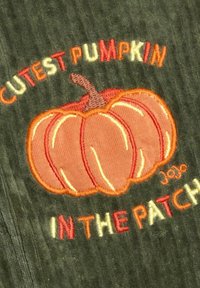 Gesticktes Patch mit einem hellorangen Kürbis und einem braunen Stängel, umgeben von dem Text "SÜßESTER KÜRBIS IM PATCH" in bunten Buchstaben.