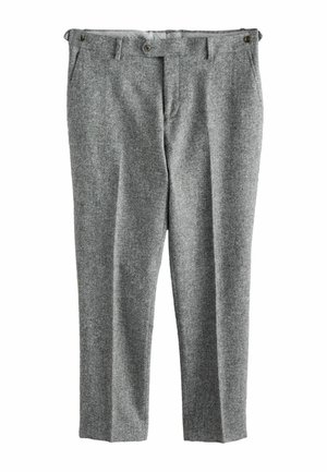 Gray wool trousers with a textured finish, featuring two front pockets and a straight-leg cut. Includes two button closures at the waist.