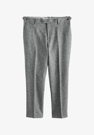 Graue Wollhose mit strukturiertem Finish, ausgestattet mit zwei Fronttaschen und geradem Bein. Inklusive zwei Knopfverschlüssen am Bund.