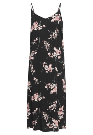 Črna cvetna obleka s tankimi naramnicami, ki ima vzorec rožnatih cvetov in zelenih detajlov. Lahkoten material, A-videz, obleka do kolen.