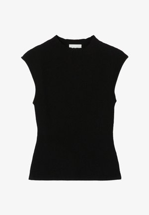 Top negro sin mangas ajustado con cuello redondo alto y tejido sutilmente texturizado.