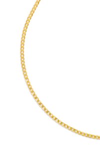 Gold chain necklace featuring interlocking oval links with a smooth, polished finish. Lightweight design complements various styles.