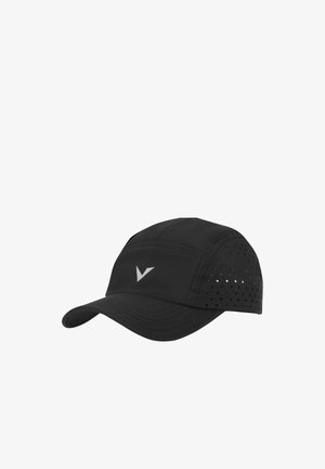 Casquette de sport noire avec une visière incurvée et de petits trous de ventilation sur les côtés, avec un logo de coche blanc sur le panneau avant.