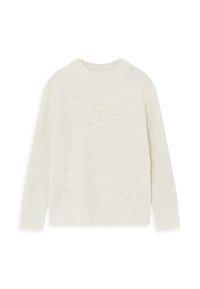 Maglione lavorato a maglia color crema con scollatura rotonda, maniche lunghe e polsini e orlo a coste. Presenta un tessuto testurizzato e un motivo decorativo.