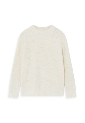 Kremasta pletena majica s okruglim izrezom, dugim rukavima i rebrastim manžetama i rubom. Ima teksturirani, uzorčasti materijal.