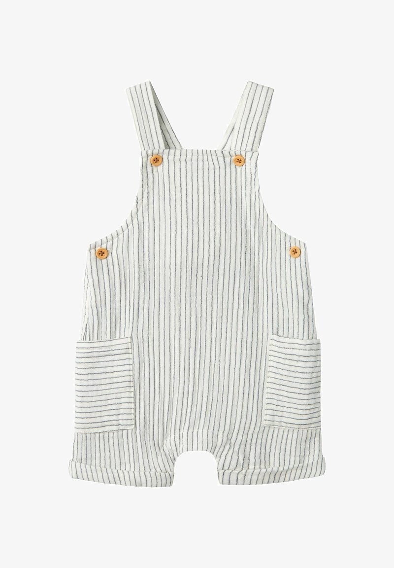 Striped overall shorts in light fabric with wooden buttons, two front pockets, and rolled hem. Color: light gray with navy stripes.