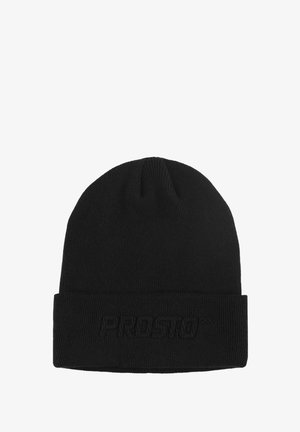 Czarna dziana czapka typu beanie z podwiniętym mankietem z wytłaczanym logo. Wykonana z miękkiego materiału, ma gładką fakturę i prosty design.