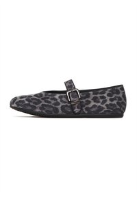 Grey and black leopard print flat shoe with a rounded toe, a strap over the instep, and a slim, flexible sole. Soft suede-like texture.