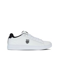 White leather sneakers with black accents, rounded toe, white laces, and K-Swiss shield logo on the side. Flat rubber sole.