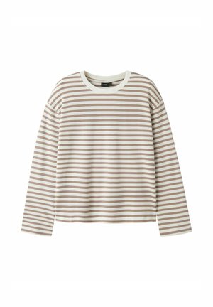 Beiges und weißes langärmliges Shirt mit horizontalen Streifen und rundem Ausschnitt, flach auf weißem Hintergrund dargestellt.