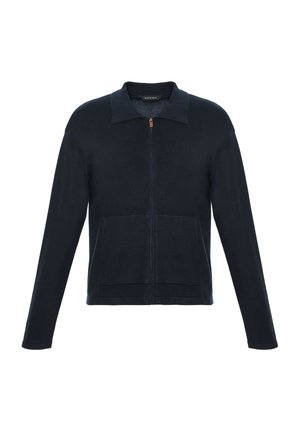 Námorně modrá mikina na zip s dlouhým rukávem a límečkem, se dvěma předními kapsami, vyrobená z pletené tkaniny.