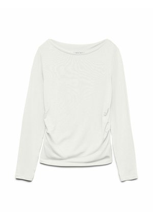 Balta, ilgomis rankovėmis palaidinė su plačia apykakle, surinktais šonais ir minkšta, lygią tekstūrą turinčia medžiaga. Paprastas, kasdienis dizainas.