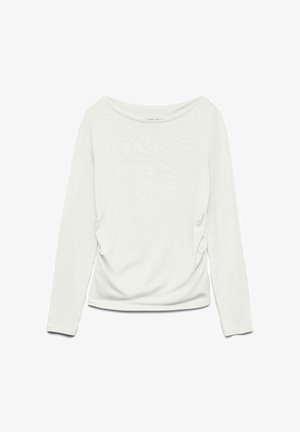 Balta, ilgomis rankovėmis palaidinė su plačia apykakle, surinktais šonais ir minkšta, lygią tekstūrą turinčia medžiaga. Paprastas, kasdienis dizainas.