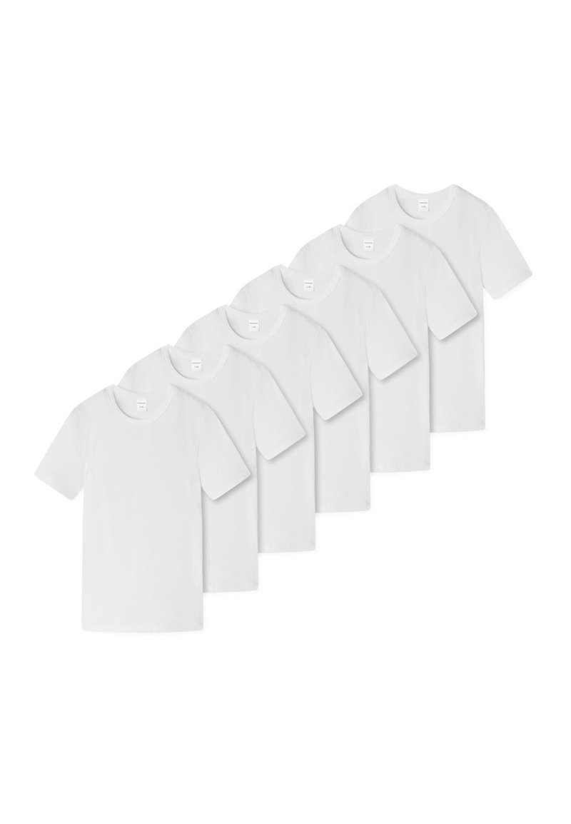 Set med sex enfärgade vita t-shirts i bomull med kort ärm, rund halsringning och standard passform. Inga mönster eller accenter synliga.