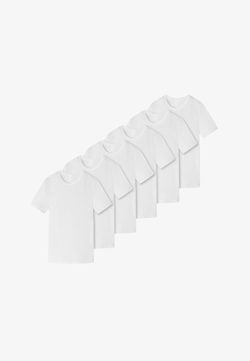 Sæt af seks ensfarvede hvide bomulds-T-shirts med korte ærmer, rund hals og standard pasform. Ingen mønstre eller detaljer synlige.