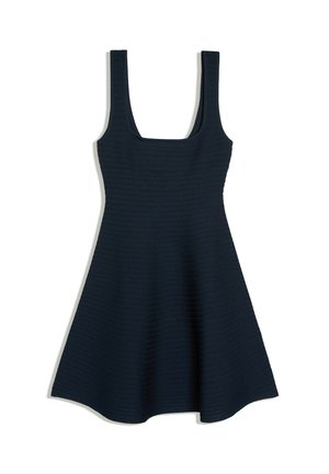 Robe en maille bleu marine sans manches avec un col carré et une jupe évasée, présentée à plat sur un fond blanc.