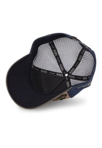 Blaue und schwarze Mütze mit einem Netzrücken, gebogenem Schirm und gestickten Akzenten an der Seite. Verfügt über eine verstellbare Druckknopfverschluss innen.