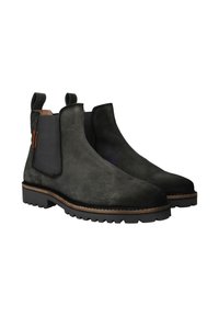 Donkergrijze suède chelsea boots met elastische zijkanten, rubberen zool en contrasterende stikdetails. Voorzien van trekhaken voor gemakkelijk aan- en uittrekken.